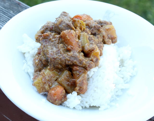 Beef, carrots, and Veggies Over Rice on a White Plate