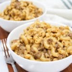 Instant Pot Cheesy Hamburger Helper in a white bowl