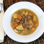 beef and veggies in a white bowl