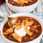 soup in a white bowl with a spoon