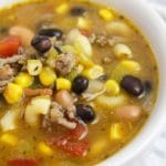 taco noodle soup in a white bowl
