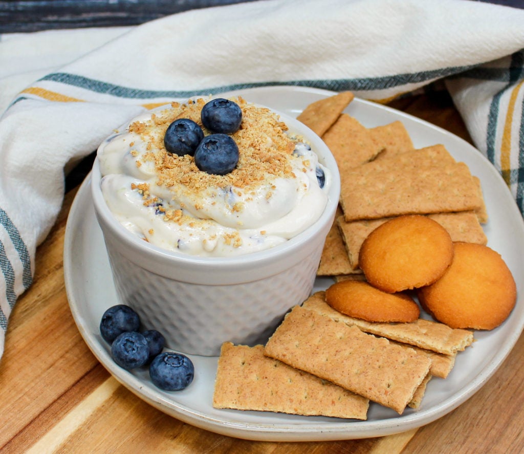 cheesecake dip in a white bowl