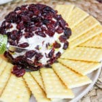 cheese ball on a plate with crackers around it