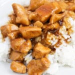 close-up of bourbon chicken on a plate