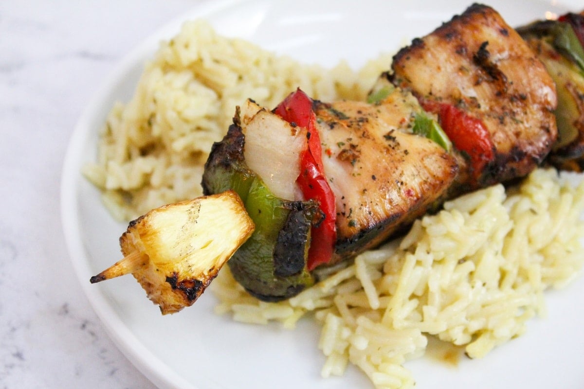 chicken kabob over rice