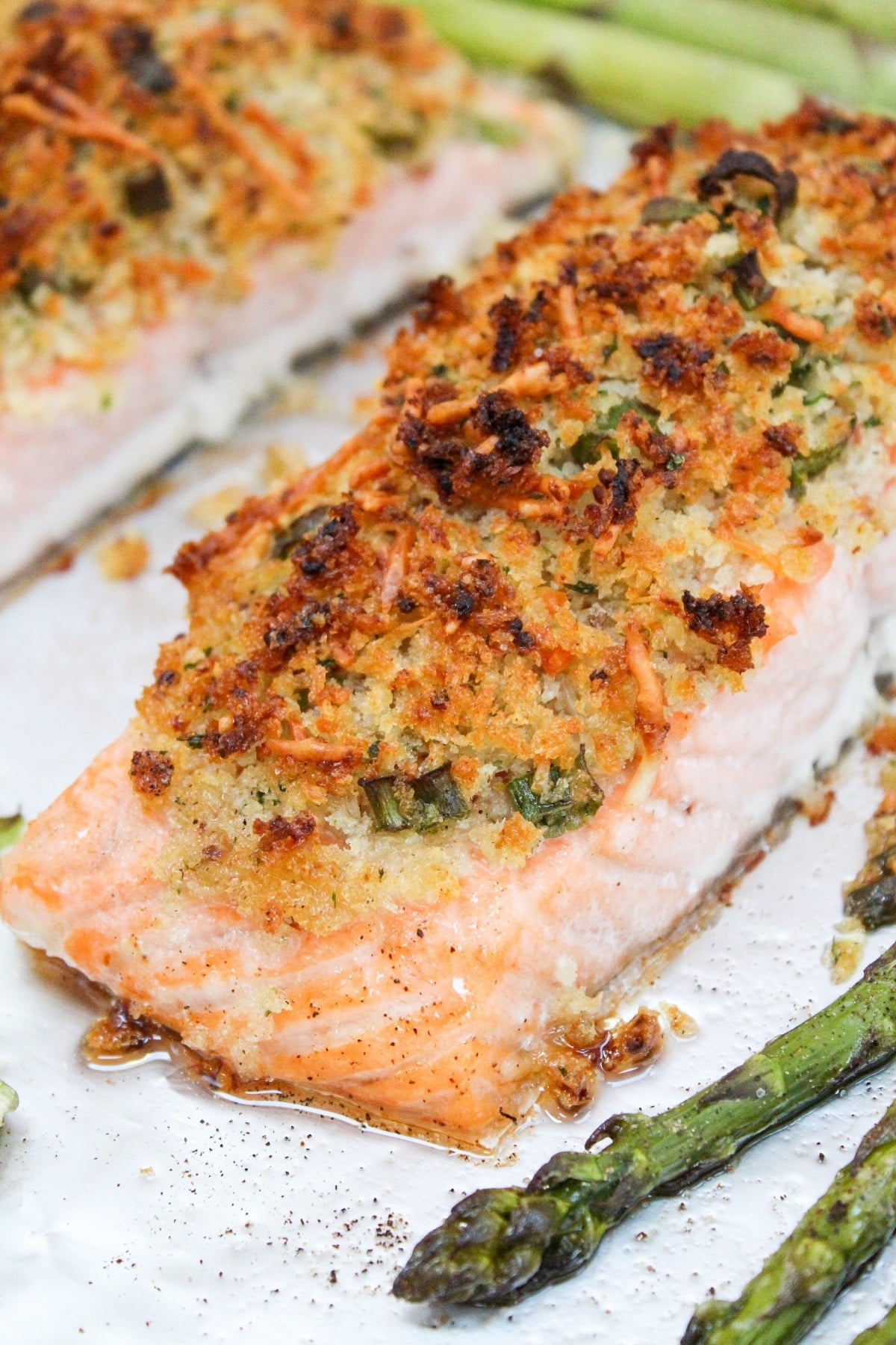 plated crispy sheet pan salmon with asparagus