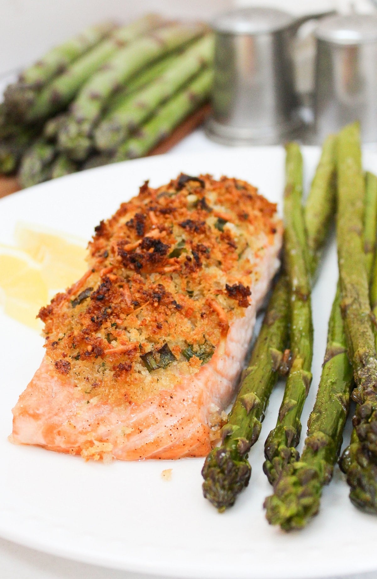 plated crispy sheet pan salmon with asparagus