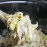 chicken cordon bleu pasta on a wooden spoon